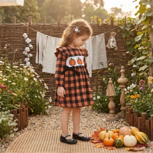 Pumpkin Embroidery Long Sleeve  Plaid Dress Girls